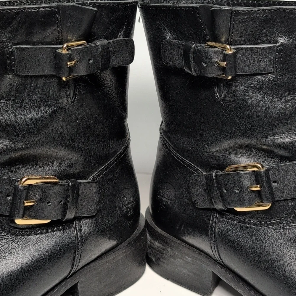 Tory Burch Bennie Black Combat Moto Boots with Buckle Straps womans size 7.5